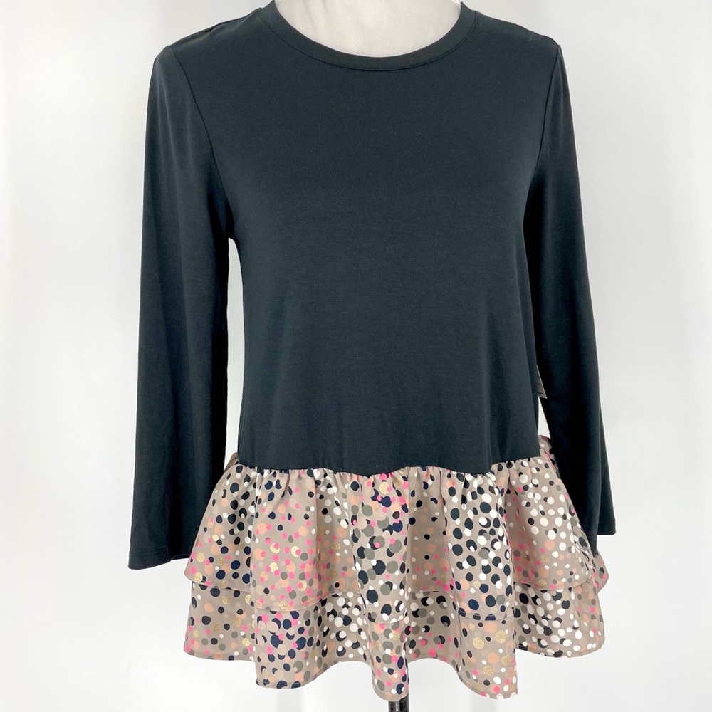 KATE SPADE Modal Broome Street Soiree Polka Dot Mixed Media Ruffle Hem Top Small